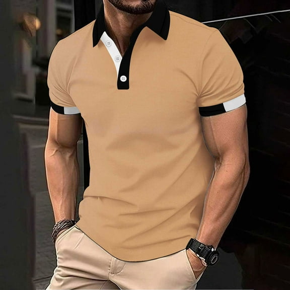 QUINDOS Collared Mens Shirts Big and Tall Casual Short Sleeve Polo Shirts Solid Patchwork Moisture Wicking Loose T-shirts