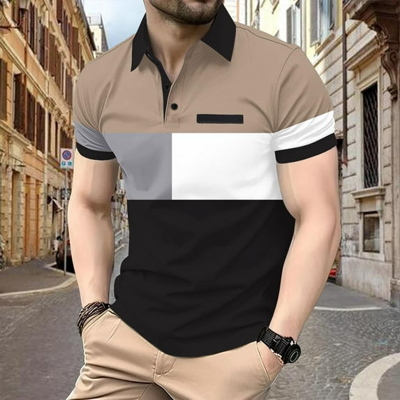 QUINDOS Collared Mens Shirts Big and Tall Short Sleeve Polo Casual Shirts Loose Patchwork Color Block Vacation T-shirts