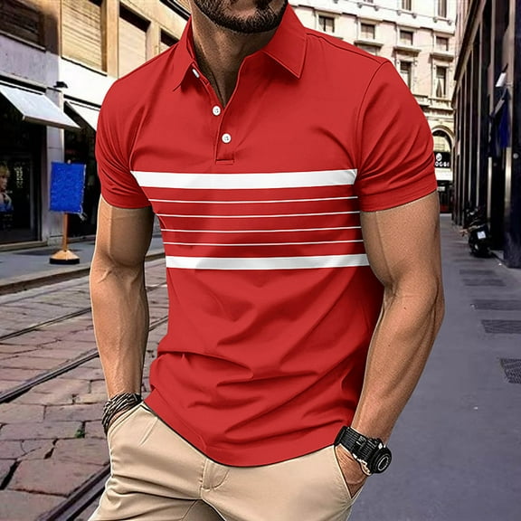 QUINDOS Collared Mens Shirts Polo Casual Short Sleeve Shirts Striped Summer Loose Vacation T-shirts