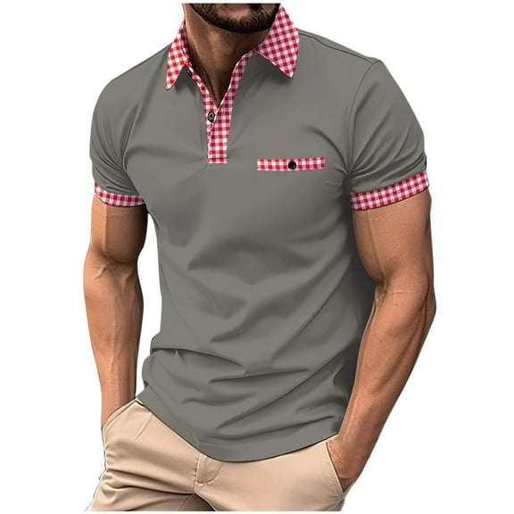 QUINDOS Collared Shirts for Men Big and Tall Polo Casual Short Sleeve Shirts Patchwork Loose Solid Regular Fit Plaid T-shirts