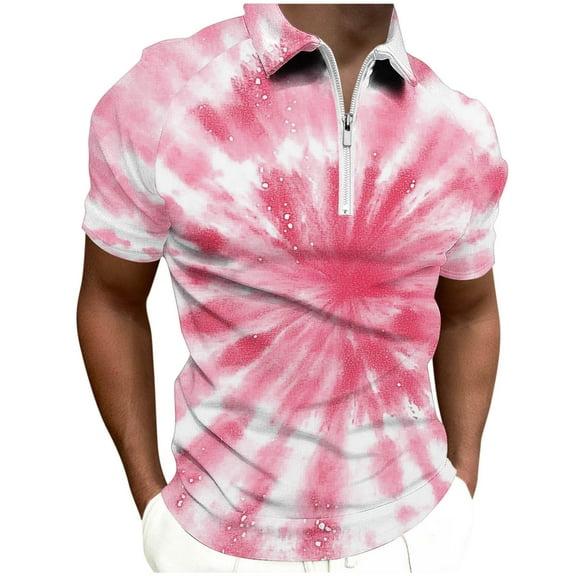 QUINDOS Collared Shirts for Men Big and Tall Short Sleeve Polo Casual Shirts Sports Workout Tie Dye Loose T-shirts