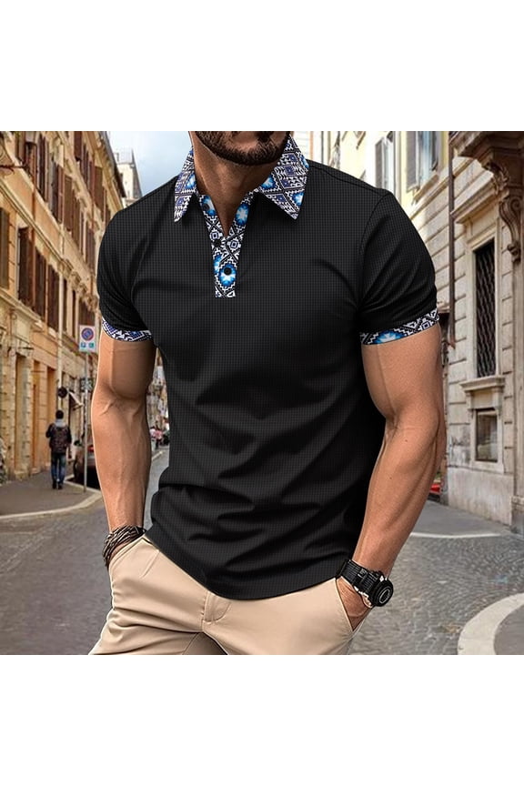 Collared Shirts for Men Casual Polo Short Sleeve Shirts Solid Moisture Wicking Loose Waffle Patchwork T-shirts