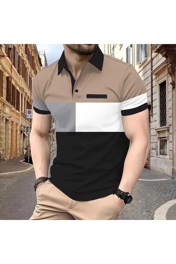 Collared Shirts for Men Polo Casual Short Sleeve Shirts Patchwork Golf Color Block Loose T-shirts