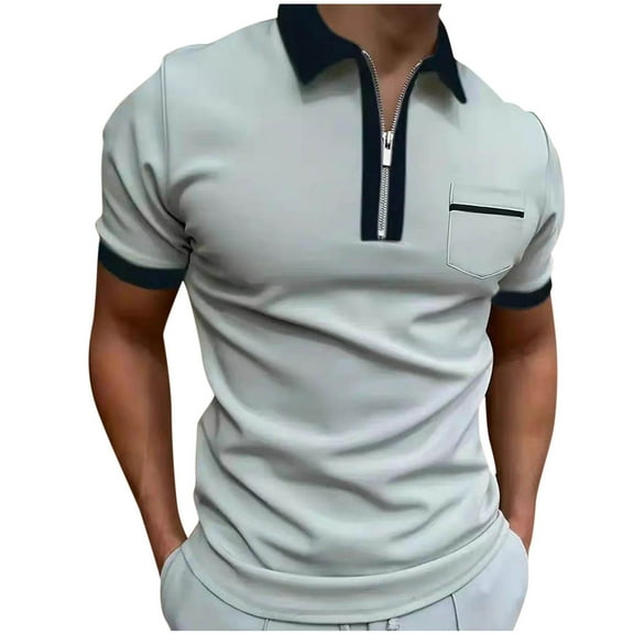 QUINDOS Collared Shirts for Men Polo Casual Short Sleeve Shirts Patchwork Tennis Pockets Solid Loose T-shirts