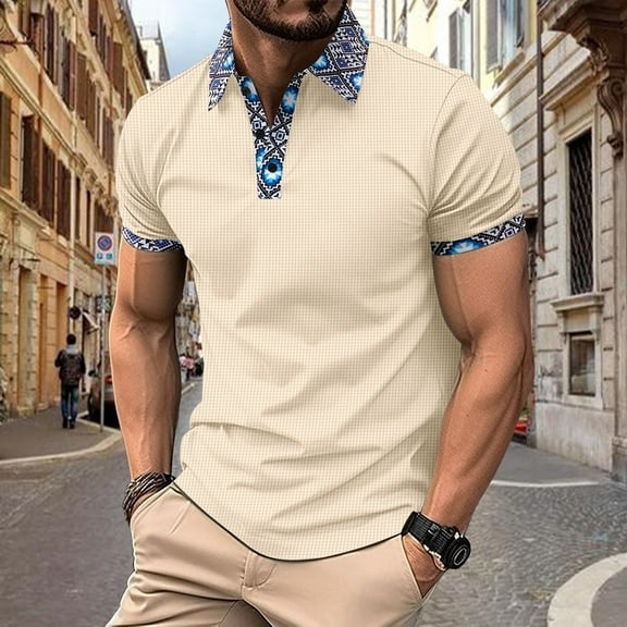 QUINDOS Collared Shirts for Men Short Sleeve Polo Casual Shirts Patchwork Waffle Solid Loose Regular Fit T-shirts
