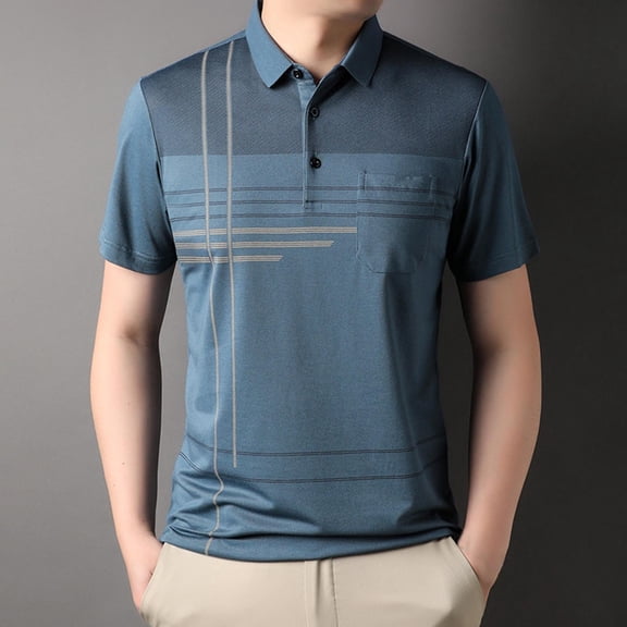 QUINDOS Collared Shirts for Men Short Sleeve Polo Casual Shirts Summer Loose Tennis Striped T-shirts