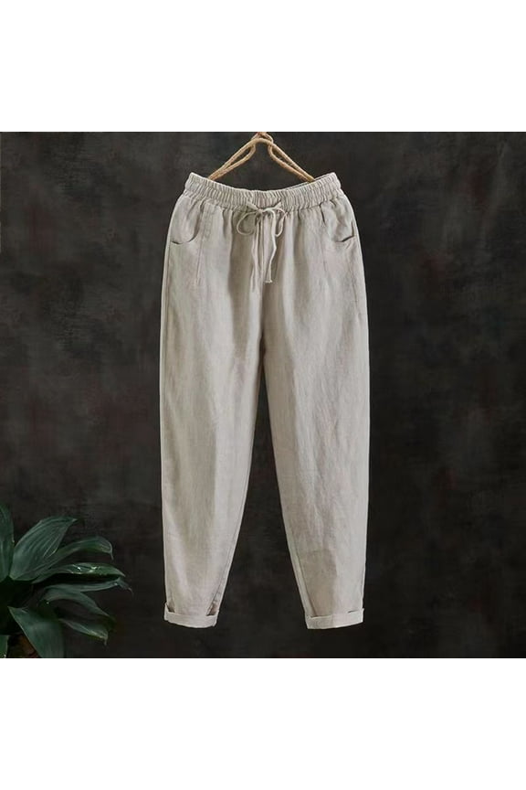 Comfortable Pants for Women Taper Long High Waisted Casual Pants Cotton Linen Drawstring Straight Fit Trousers with Pockets