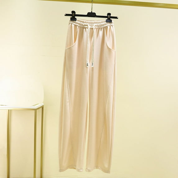 QUINDOS Comfortable Pants for Women Wide Leg High Waisted Long Casual Pants Cotton Drawstring Loose Trousers with Pockets