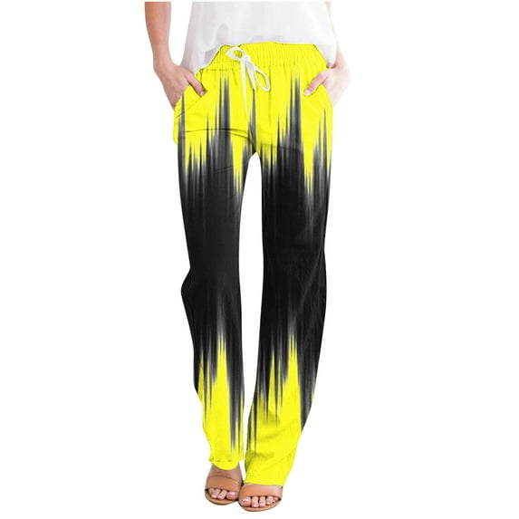 QUINDOS Comfortable Pants for Women Wide Leg High Waisted Long Casual Pants Print Straight Fit Trousers with Pockets
