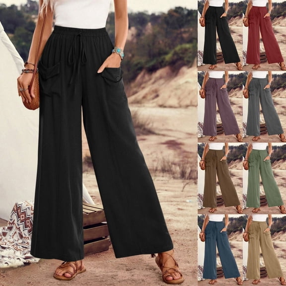 QUINDOS Comfortable Pants for Women Wide Leg Long High Waisted Casual Trousers Cotton Linen Loose Pants with Pockets