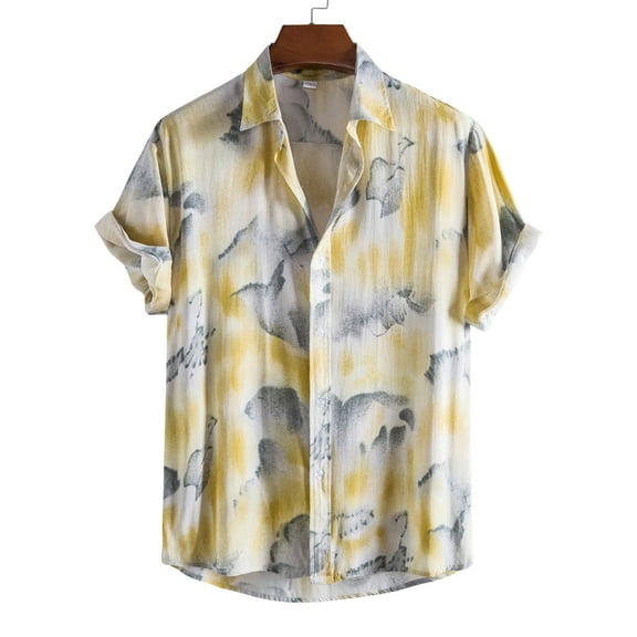 QUINDOS Cotton Linen Hawaiian Mens Shirts Short Sleeve Summer Button up Casual Shirts Loose Fit Vacation Beach Tropical Print Shirts