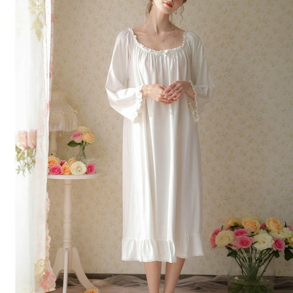 QUINDOS Cotton Pajamas for Women Long Midi Nightgowns for Women Long Sleeve Pleated Sleep Dress Casual Solid Bow Sleepwear Night Dress