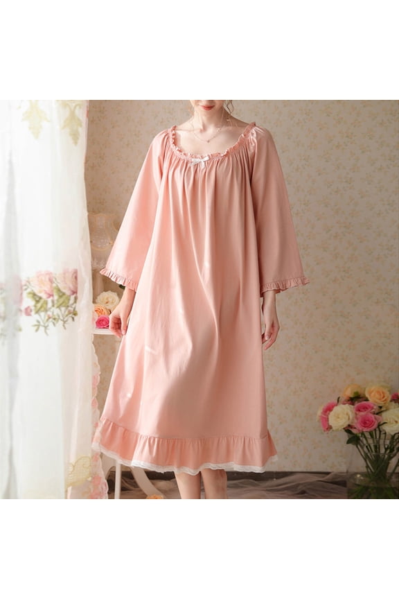 Cotton Pajamas for Women Long Midi Nightgowns for Women Long Sleeve Pleated Sleep Dress Casual Solid Bow Sleepwear Night Dress