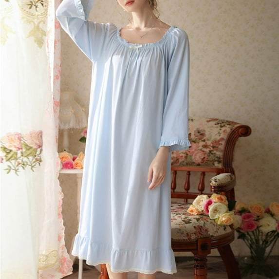 QUINDOS Cotton Pajamas for Women Long Midi Nightgowns for Women Long Sleeve Pleated Sleep Dress Casual Solid Bow Sleepwear Night Dress