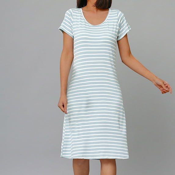 QUINDOS Cotton Pajamas for Women Plus Size Striped Nightgowns for Women Padded Knee Legth Sleep Dress Casual Short Sleeve Thin Home wear Night Dress