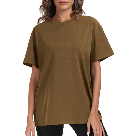 QUINDOS Cotton Tops for Women Casual Summer Short Sleeve Shirts Crew Neck Solid Color T shirt