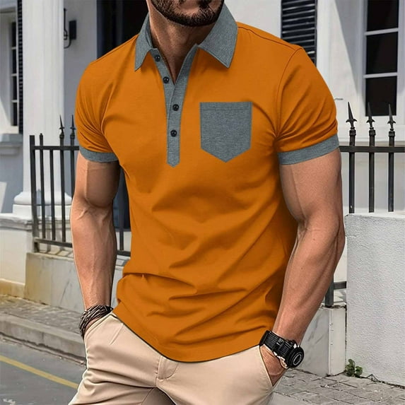 QUINDOS Crew Neck Shirts for Men Big and Tall Short Sleeve Polo Casual Shirts Pockets Button Cotton Slim Solid T-shirts