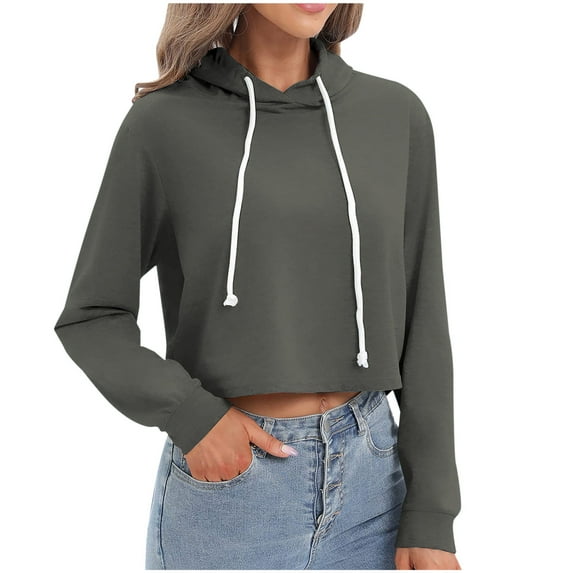 QUINDOS Cropped Hoodie Women,Women Casual Lightweight Hooded Sweatshirts Fashion Long Sleeve Plain Loose Pullover Tops