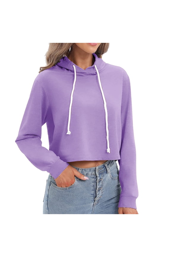 Cropped Hoodie Women,Women's Casual Lightweight Hooded Sweatshirts Fashion Long Sleeve Plain Loose Pullover Tops