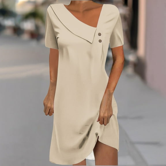 QUINDOS Dresses for Women 2025 Crew Neck Sundress Casual Short Sleeve Sun Dresses Summer Button Solid Color Mid Length Knee Length Mini Womens Dresses