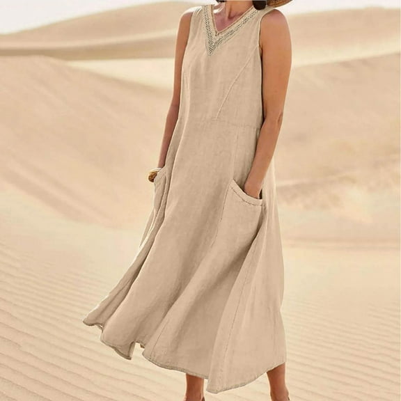 QUINDOS Dresses for Women 2025 Sundress Beach Sleeveless Crew Neck Sun Dresses Summer Solid Color Lace Patchwork Cotton Linen Midi Mid Length Womens Dresses