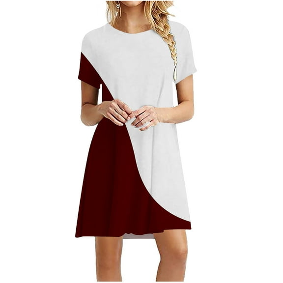 QUINDOS Dresses for Women 2025 Sundress Casual Crew Neck Short Sleeve Sun Dresses Summer Contrast Color Patchwork Loose Mini Knee Length Womens Dresses