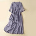 thumbnail image 1 of QUINDOS Dresses for Women 2025 V-neck Casual Long Sleeve Shirt Dress Sun Dresses Summer Cotton Linen Embroidery Print Waist Tie Long Midi Womens Dresses, 1 of 8