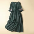 thumbnail image 1 of QUINDOS Dresses for Women Casual V-neck Shirt Dress Long Sleeve Sun Dresses Summer Embroidery Print Waist Tie Cotton Linen Midi Long Dresses for Women, 1 of 7