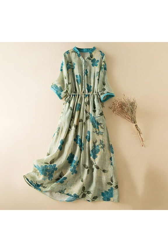 Dresses for Women 2025 Casual Crew Neck 3/4 Sleeve Sundress Plus Size Dresses Summer Print Cotton Linen Vintage Long Midi Womens Dresses