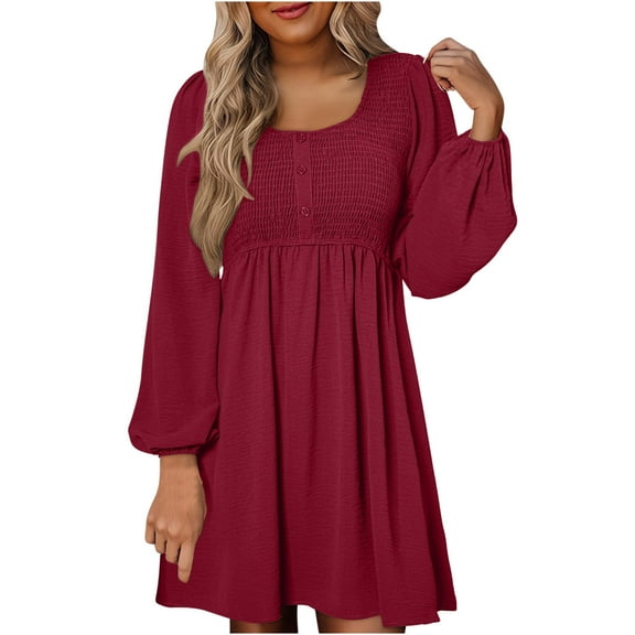 QUINDOS Dresses for Women 2025 Casual Square Neck Sundress Long Sleeve Sun Dresses Summer Solid Color Button Pleated Mini Knee Length Womens Dresses
