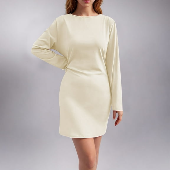 QUINDOS Dresses for Women 2025 Crew Neck Bodycon Party Long Sleeve Club Dresses Summer Slim Hip Wrap Solid Color Knee High Mini Womens Dresses