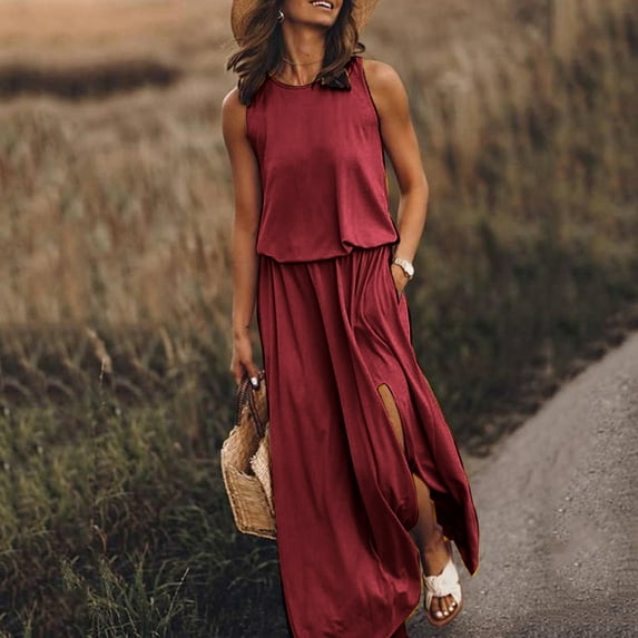 QUINDOS Dresses for Women 2025 Crew Neck Casual Sundress Sleeveless Sun Dresses Summer Solid Color Fork Opening Pockets Long Maxi Womens Dresses