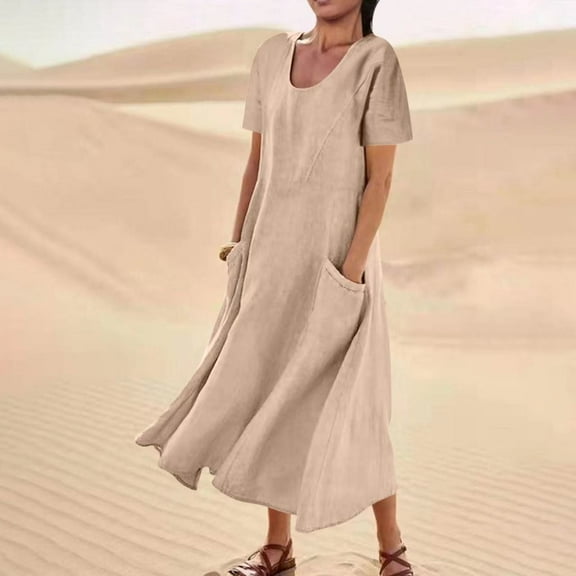 QUINDOS Dresses for Women 2025 Crew Neck Sundress Casual Short Sleeve Sun Dresses Summer Solid Color Cotton Linen Pockets Midi Long Womens Dresses