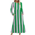 thumbnail image 1 of QUINDOS Dresses for Women 2025 Long Sleeve A-Line Casual Crew Neck Sun Dresses Summer Striped Pockets Pleated Long Midi Womens Dresses, 1 of 4