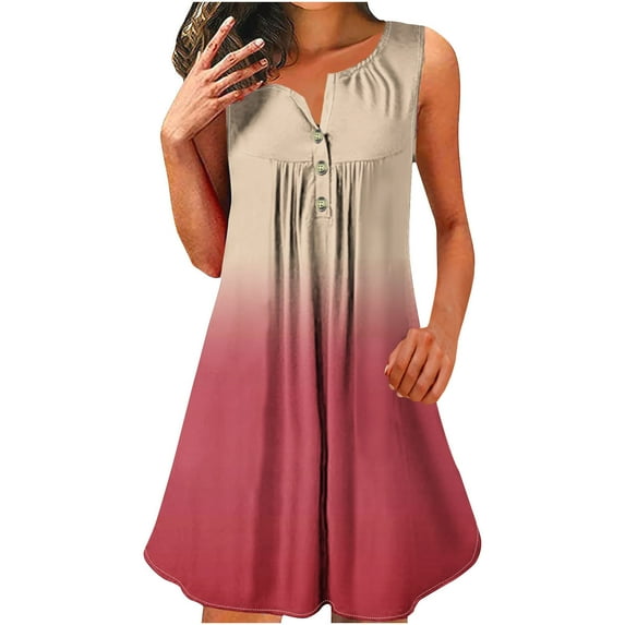 QUINDOS Dresses for Women 2025 Sleeveless Casual Sundress V-neck Sun Dresses Summer Gradient Color Pleated Button Mini Knee High Womens Dresses
