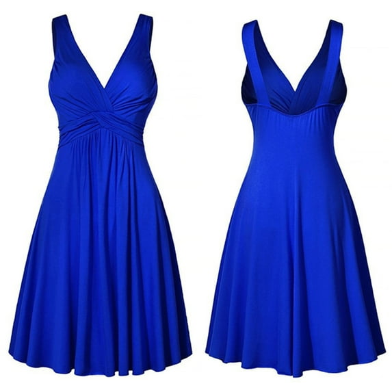 QUINDOS Dresses for Women 2025 Sleeveless Holiday Ball Gown V-neck Party Dresses Summer Solid Color Wrap Slim Midi Mid Length Womens Dresses