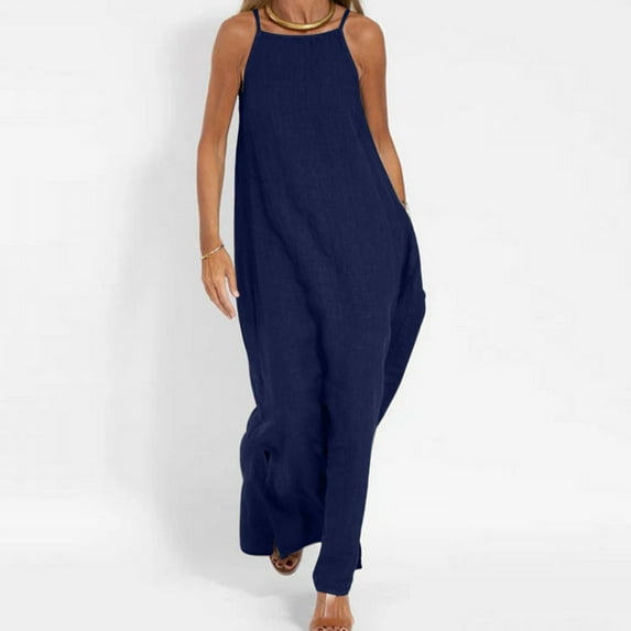 QUINDOS Dresses for Women 2025 Sleeveless Sundress Beach Square Neck Sun Dresses Summer Solid Color Tank Cotton Linen Maxi Long Womens Dresses