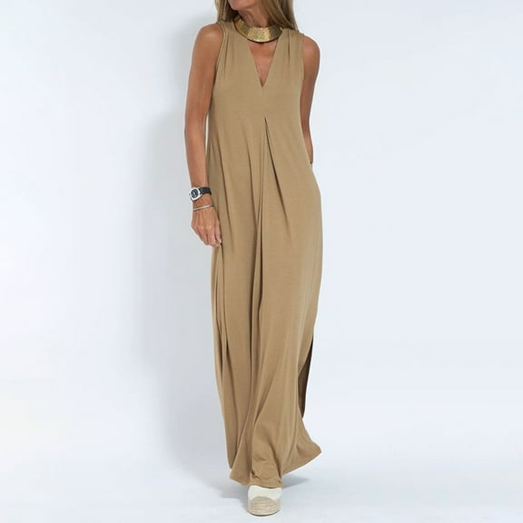 QUINDOS Dresses for Women 2025 Sleeveless V-neck Sundress Casual Sun Dresses Summer Solid Color Flowy Floor Length Maxi Womens Dresses