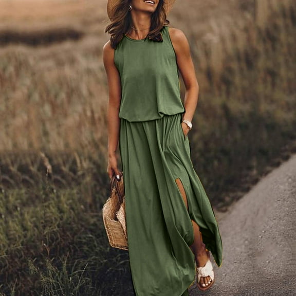 QUINDOS Dresses for Women 2025 Sundress Crew Neck Sleeveless Casual Sun Dresses Summer Split Hem Tank Solid Color Long Maxi Womens Dresses