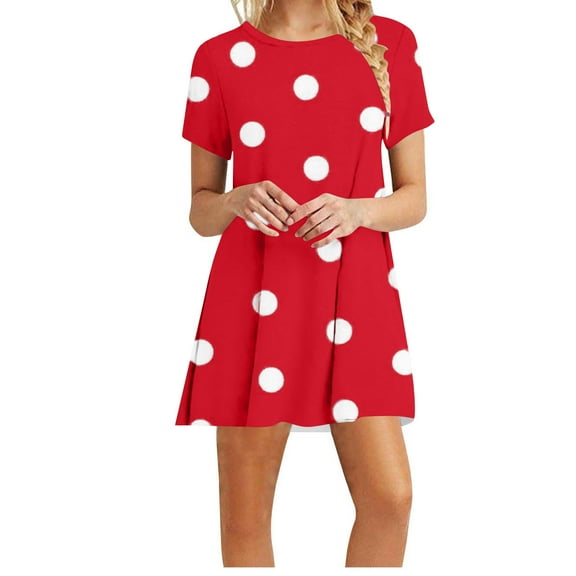 QUINDOS Dresses for Women 2025 Sundress Short Sleeve Casual Crew Neck Sun Dresses Summer Beach Polka Dot Loose Mini Above Knee Womens Dresses