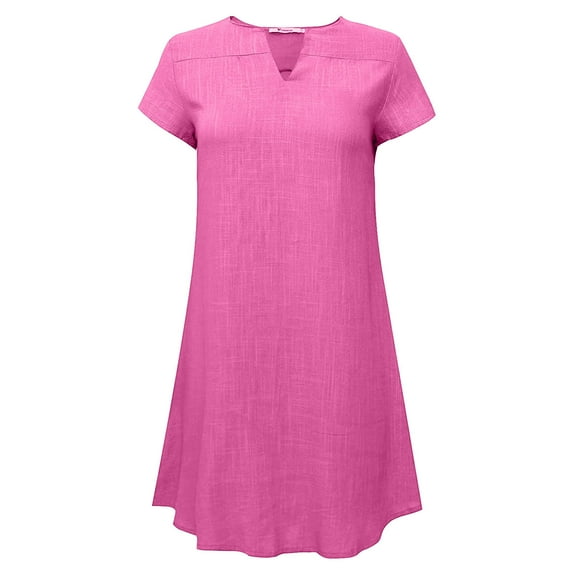 QUINDOS Dresses for Women 2025 Sundress Short Sleeve V-neck Casual Sun Dresses Summer Cotton Linen Solid Color Midi Long Womens Dresses