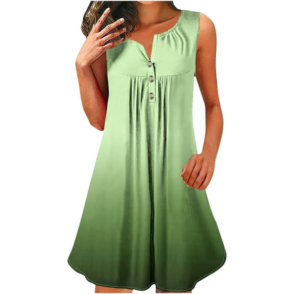 QUINDOS Dresses for Women 2025 Casual Sleeveless V-neck Sundress Sun Dresses Summer Pleated Gradient Color Button Mini Knee High Womens Dresses