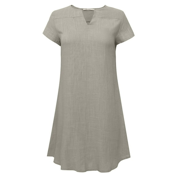 QUINDOS Dresses for Women 2025 V-neck Short Sleeve Casual Sundress Sun Dresses Summer Cotton Linen Solid Color Long Midi Womens Dresses