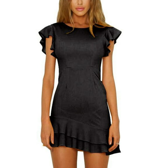 QUINDOS Dresses for Women Beach Crew Neck Sundress Sleeveless Sun Dresses Summer Ruffled Slim Solid Color Above Knee Mini Dresses for Women