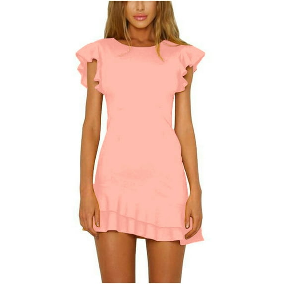 QUINDOS Dresses for Women Beach Sundress Sleeveless Crew Neck Sun Dresses Summer Ruffled Slim Solid Color Above Knee Mini Dresses for Women