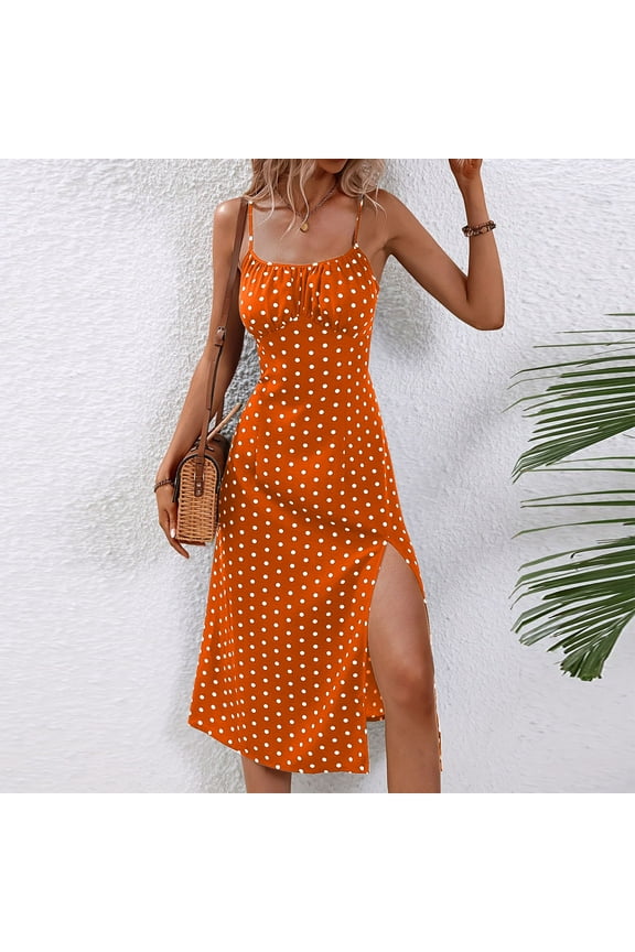 Dresses for Women Club Sundress Crew Neck Sleeveless Sun Dresses Summer Polka Dot Loose Split Midi Knee Length Dresses for Women