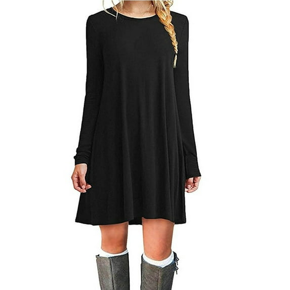 QUINDOS Dresses for Women Crew Neck Sundress 3/4 Sleeve Casual Sun Dresses Summer Flowy Pleated Solid Color Mini Knee High Dresses for Women