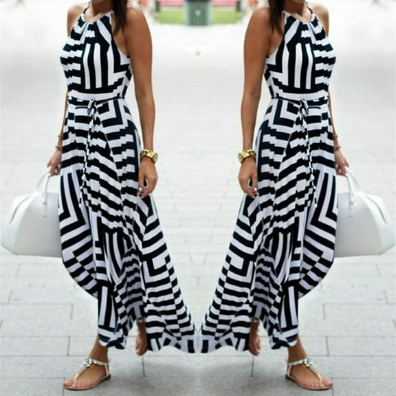 QUINDOS Dresses for Women Crew Neck Sundress Sleeveless Casual Plus Size Dresses Summer Halter Flowy Striped Long Maxi Dresses for Women