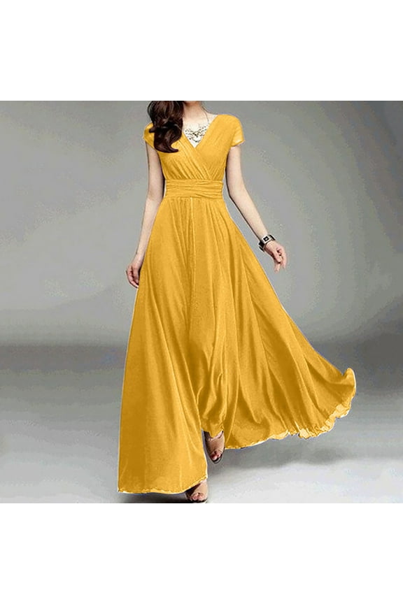 Dresses for Women Evening Gown Short Sleeve Formal V-neck Evening Dress Summer Chiffon Solid Color Wrap Long Maxi Dresses for Women