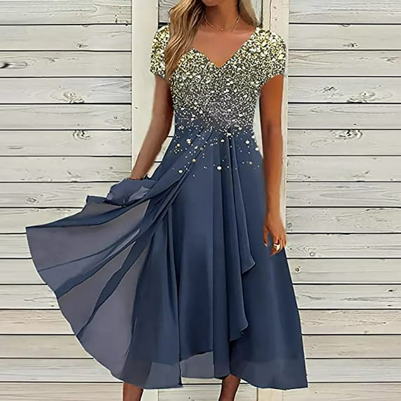 QUINDOS Dresses for Women Formal Short Sleeve A-Line V-neck Evening Dress Summer Flowy Chiffon Sequin Long Midi Dresses for Women